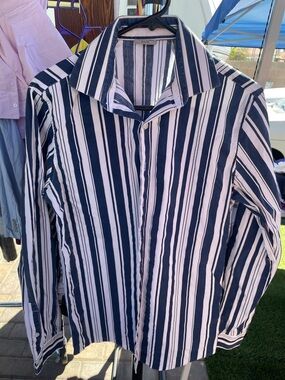 Kenneth Cole Reaction Navy & White Vertical Stripe Dress Shirt